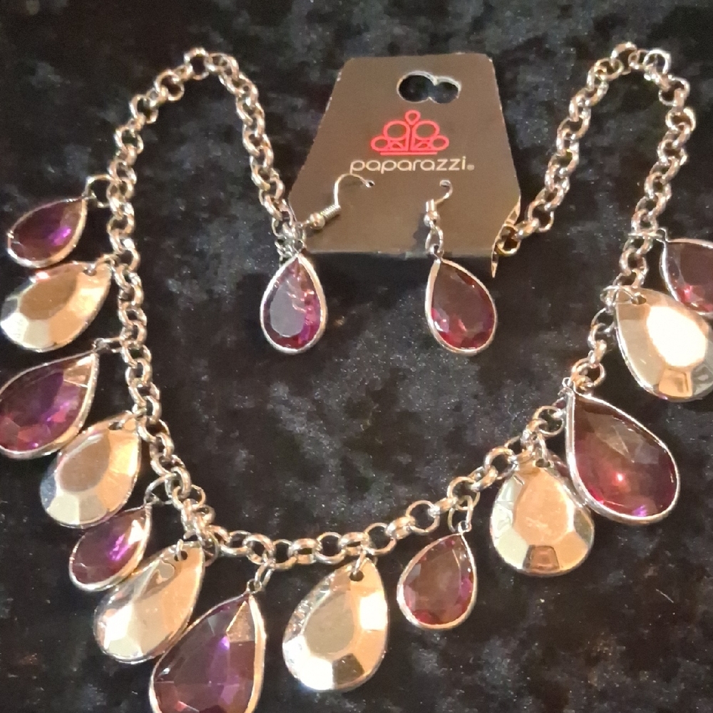 Paparazzi Silver and Purple Teardrop Necklace& Earrings Set
